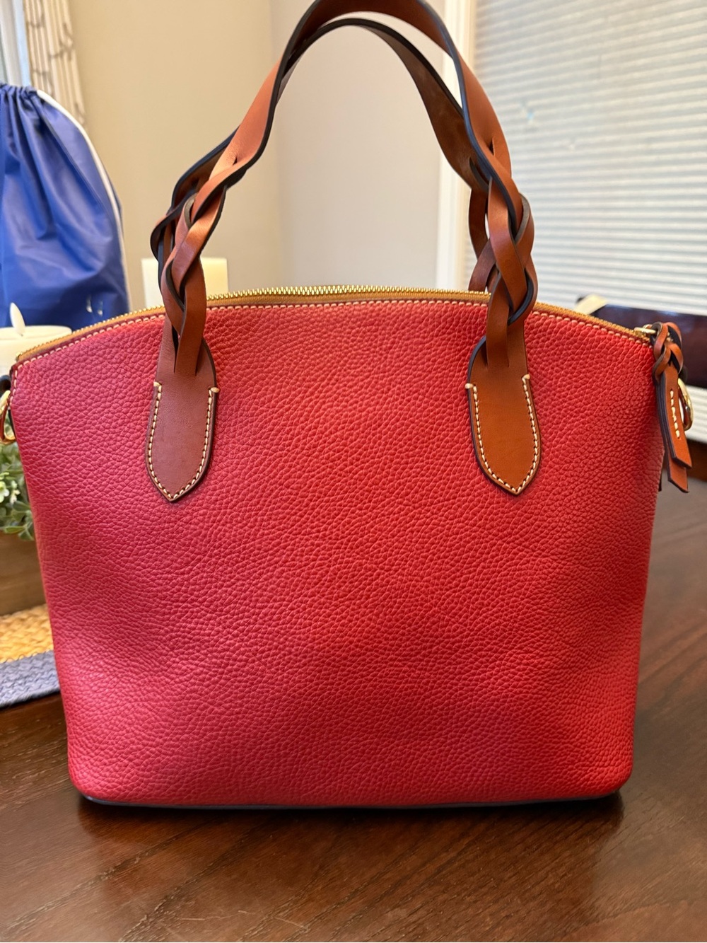 Dooney & Bourke Red Pebble Leather Satchel with Tan leather Braided Handles - Picture 4 of 15